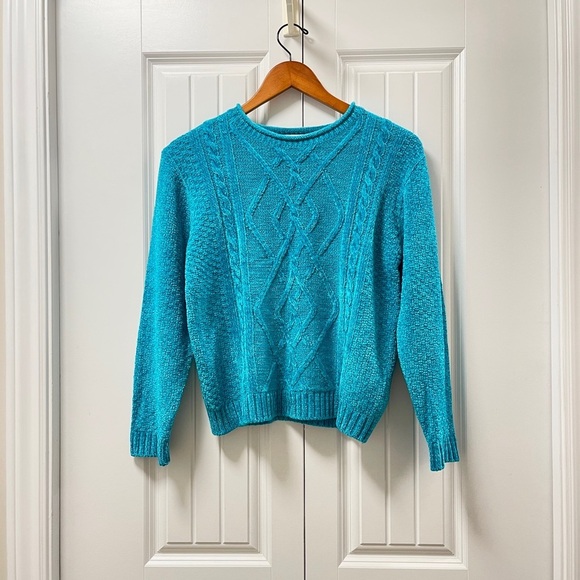 Vintage Evan Picone Chenille Cable Knit Teal Blue Sweater - Picture 1 of 12